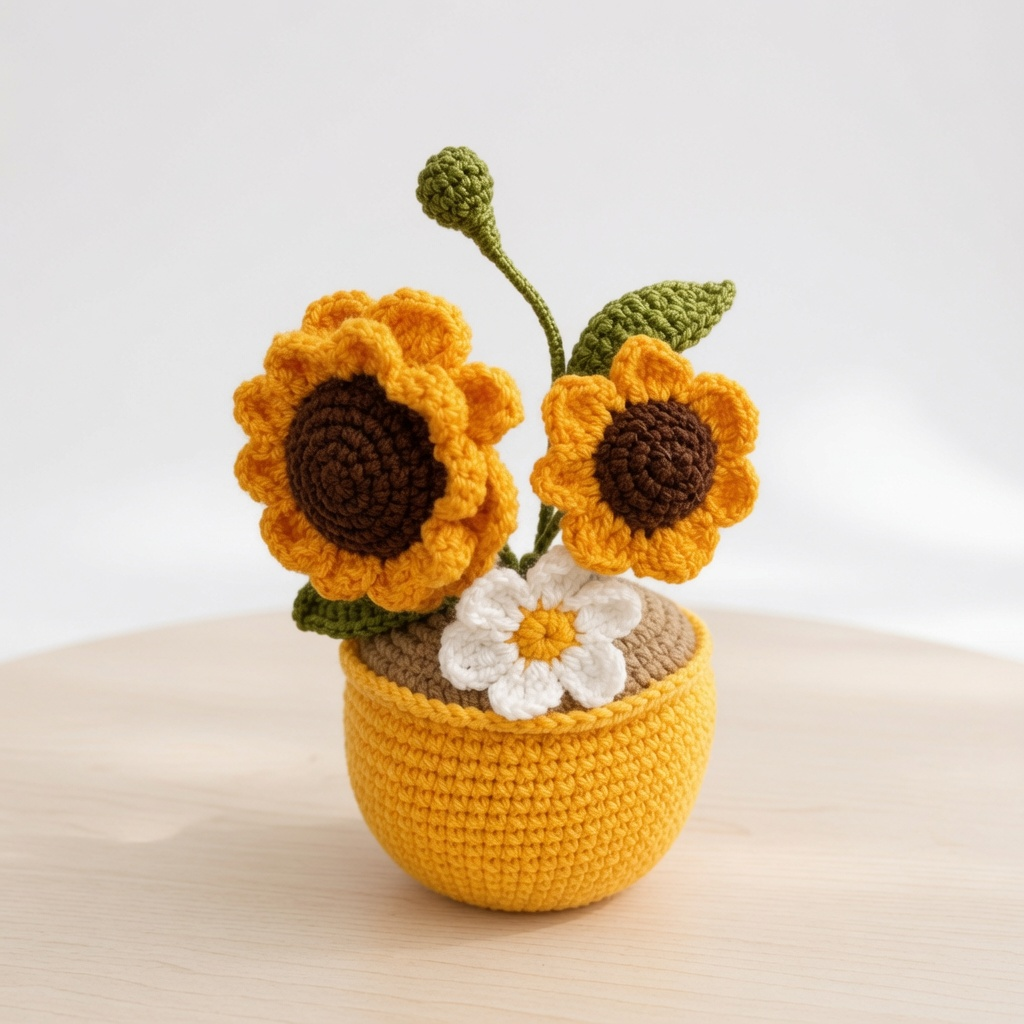 Handmade Crochet Sunflower & Daisy Pot – Amigurumi Flower Desk Decor, Forever Bloom Gift for Home & Office