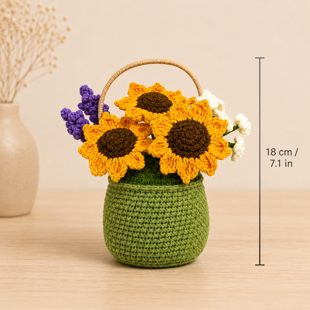 Handmade Crochet Sunflower Basket – Amigurumi Flower Arrangement, Forever Floral Home Decor & Gift for Mom
