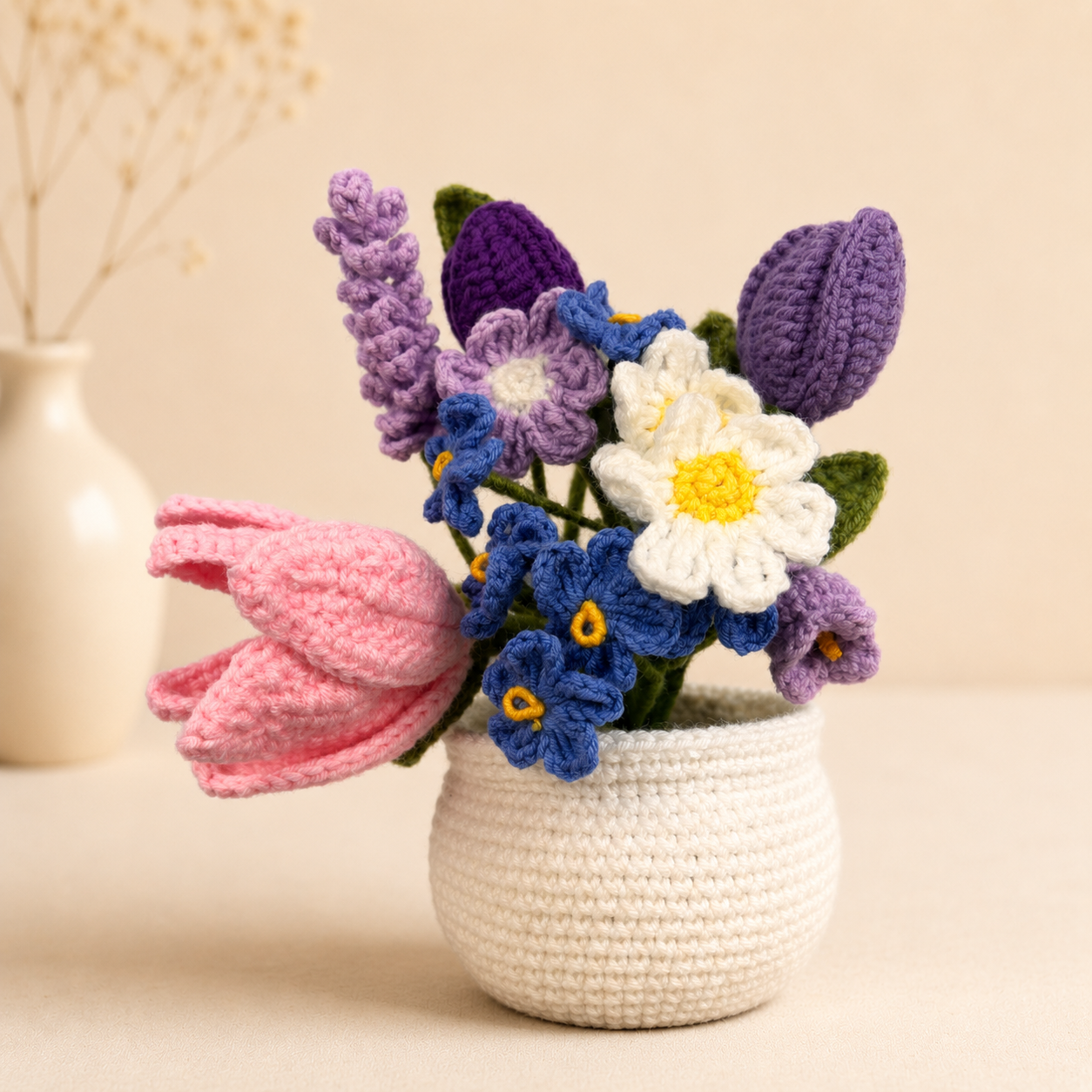 Handmade Crochet Spring Flower Bouquet – Tulips, Daisies & Lavender Arrangement in White Pot, Forever Floral Home Decor