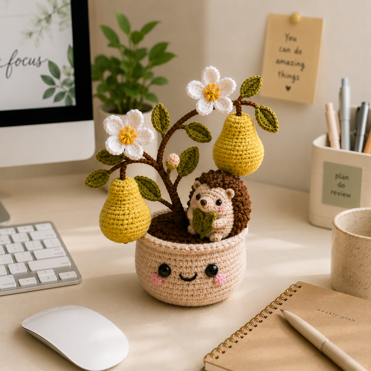 Handmade Crochet Hedgehog Pear Tree Pot – Cute Amigurumi Hedgehog Deco