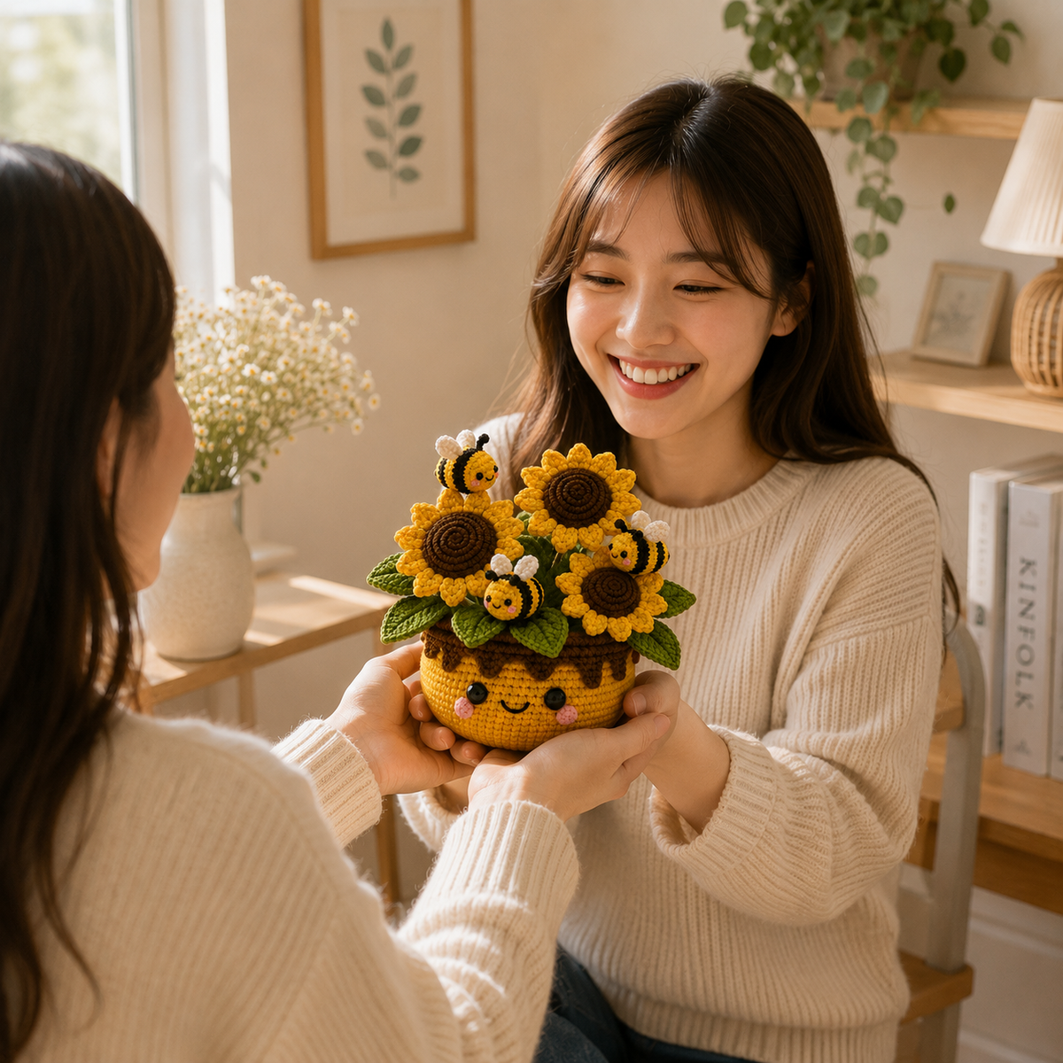 Crochet Sunflower Bouquet with Bees – Handmade Desk Decor Gift