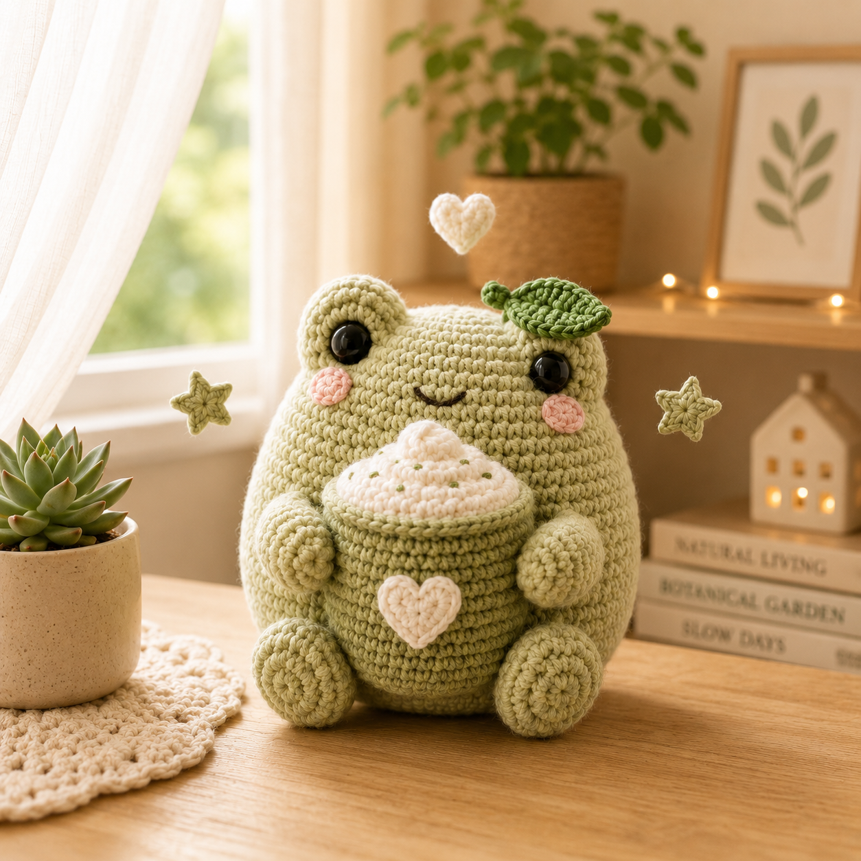 Handmade Crochet Matcha Frog Plush – Cute Amigurumi Frog with Coffee Cup