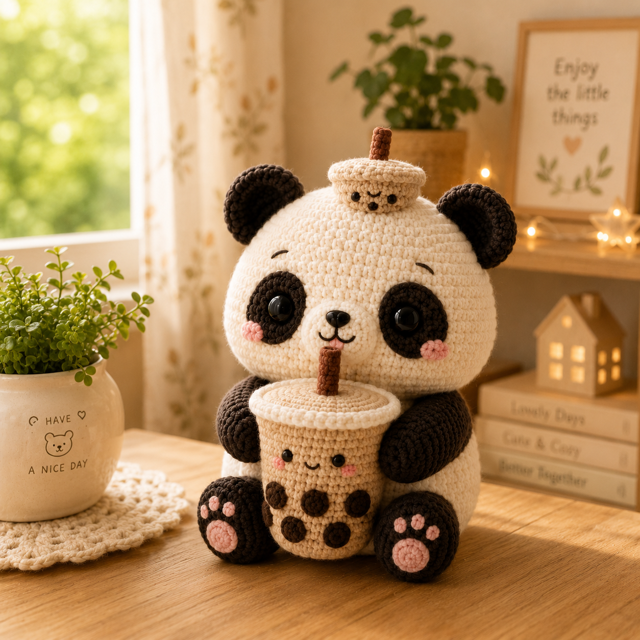 Handmade Crochet Panda with Bubble Tea – Cute Amigurumi Plush Desk Decor & Gift