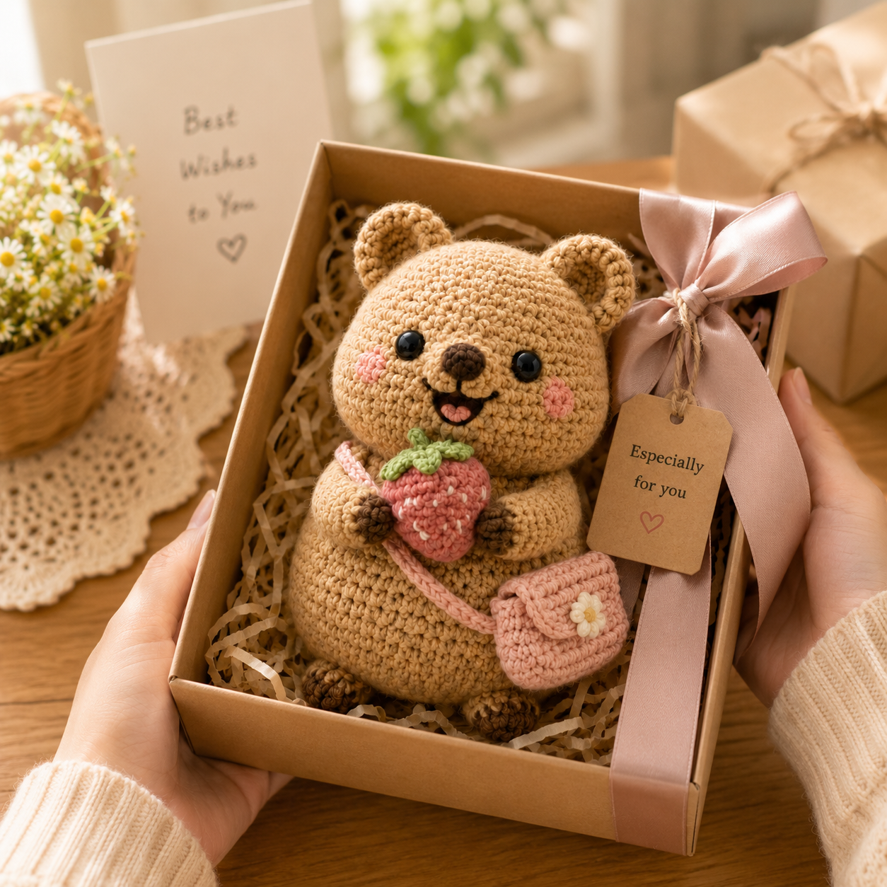 Handmade Crochet Bear with Strawberry – Cute Amigurumi Plush Decor & Gift