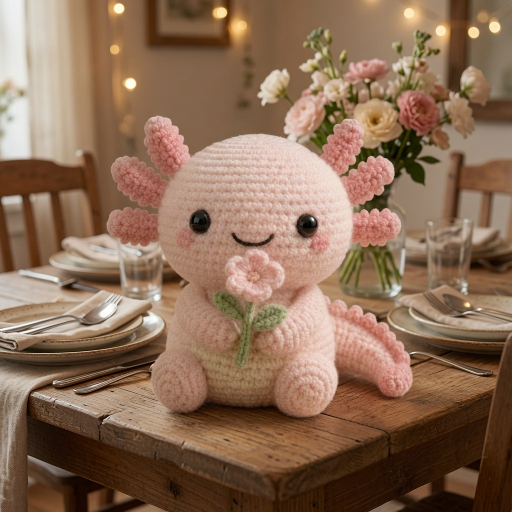 Handmade Crochet Axolotl Plush with Flower – Cute Amigurumi Desk Decor & Gift