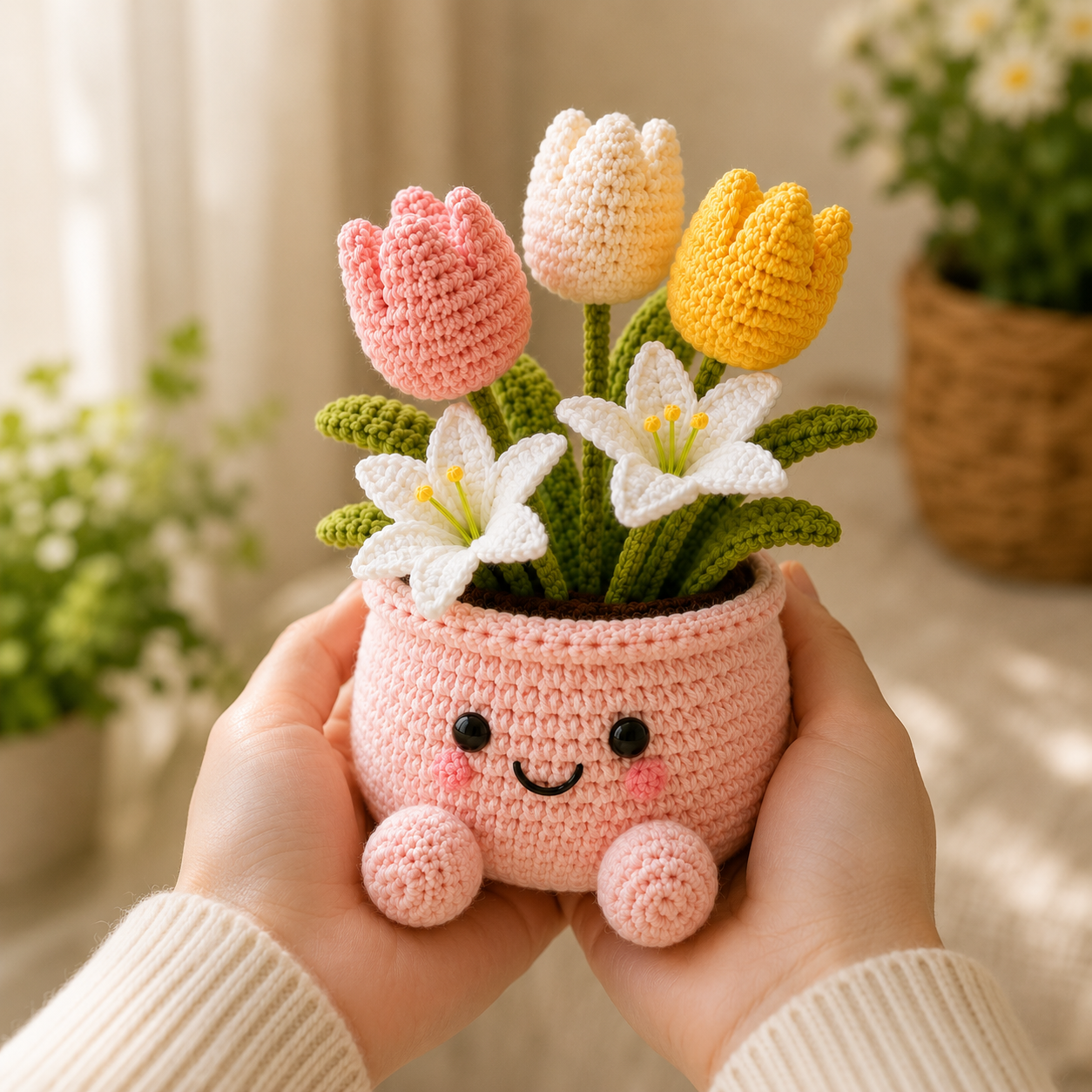 Handmade Crochet Tulip & Lily Flower Pot – Cute Amigurumi Floral Arrangement for Home & Desk Decor