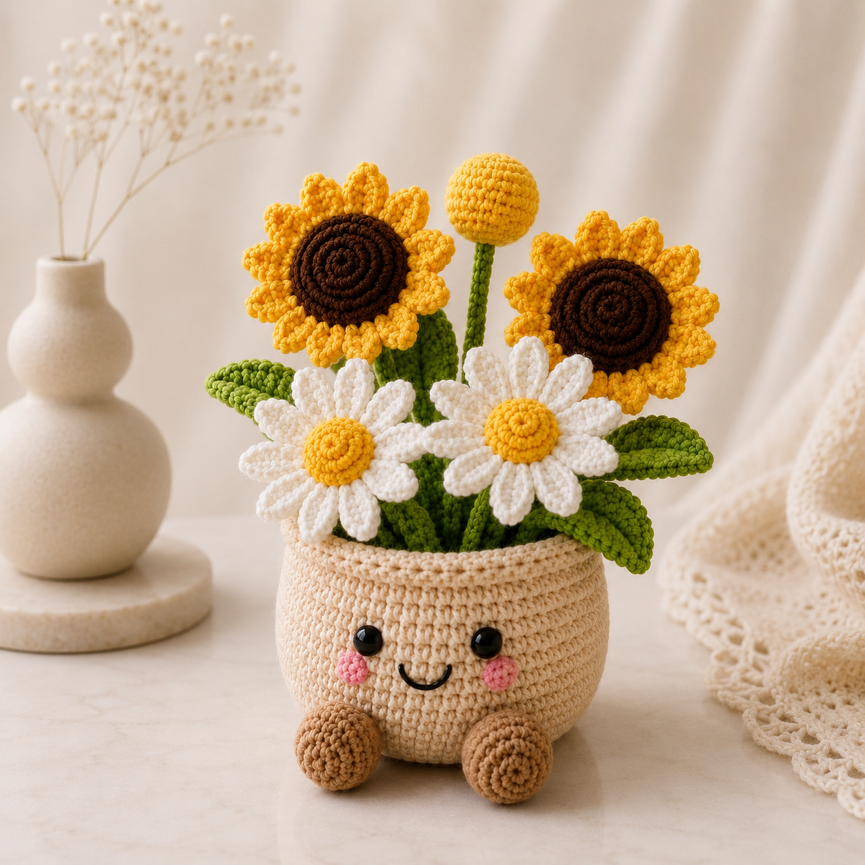 Handmade Crochet Sunflower & Daisy Flower Pot – Cute Amigurumi Floral Arrangement for Home & Desk Decor
