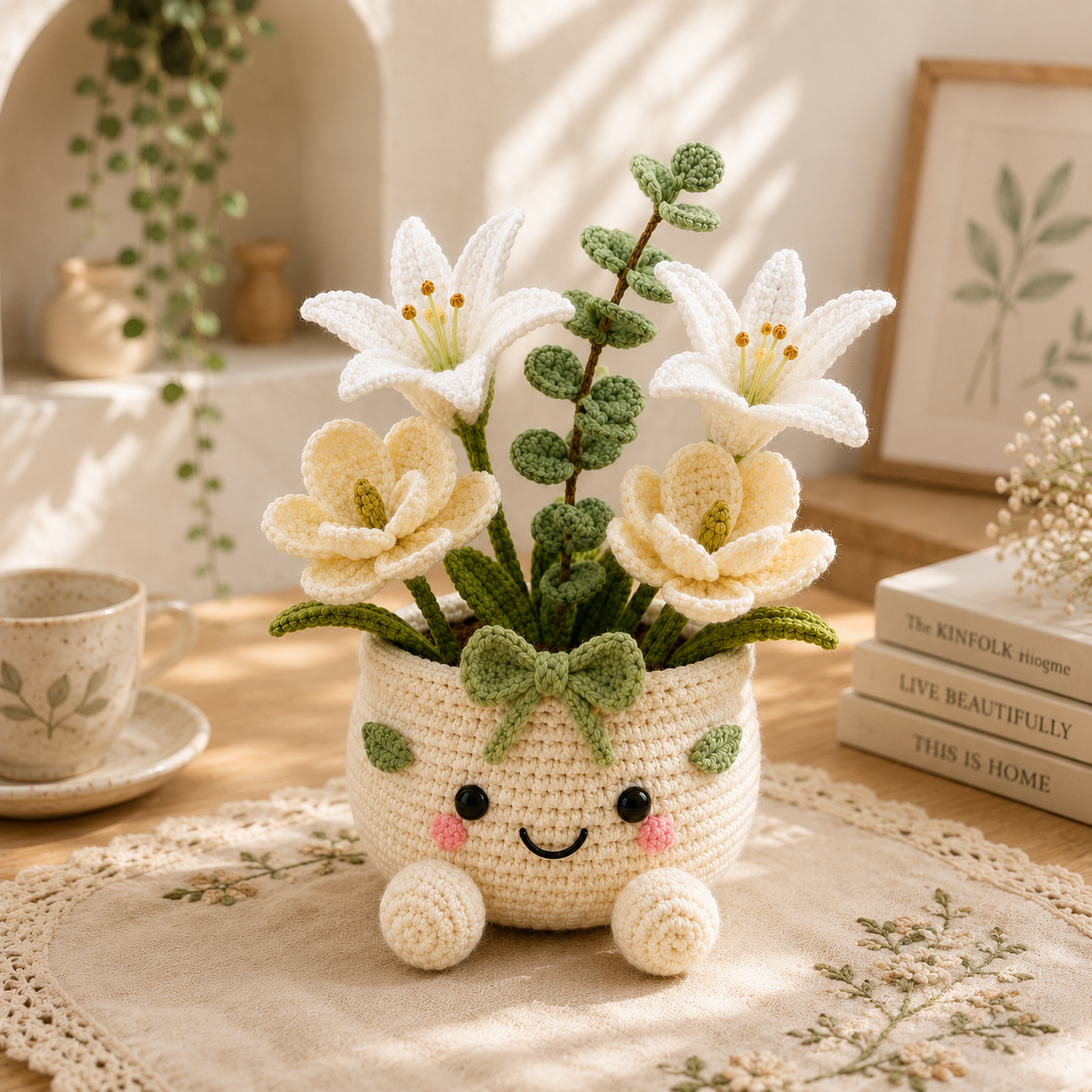 Handmade Crochet Lily & Magnolia Flower Pot – Elegant Amigurumi Floral Arrangement for Home & Desk Decor