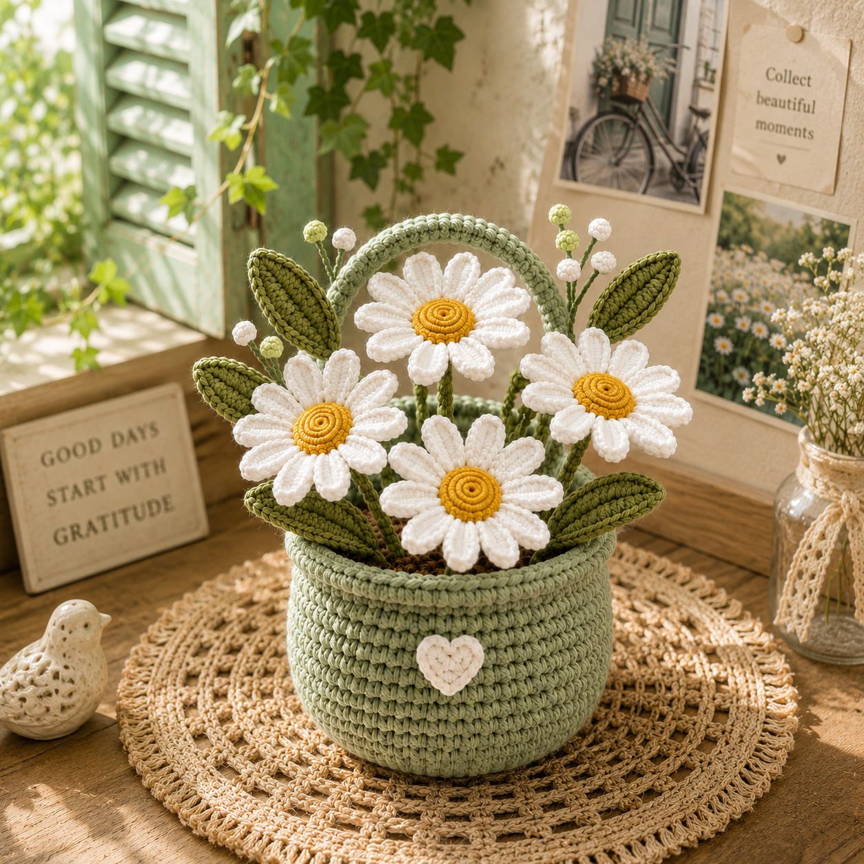 Handmade Crochet Daisy Flower Basket – Amigurumi Floral Basket Decor & Gift