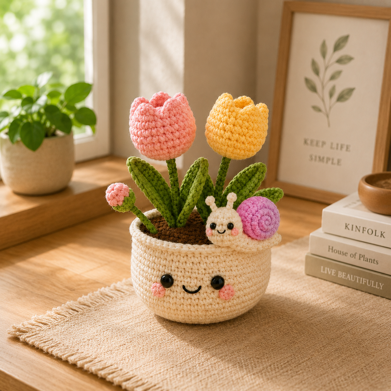 Handmade Crochet Tulip Pot with Cute Snail | Amigurumi Flower Decor