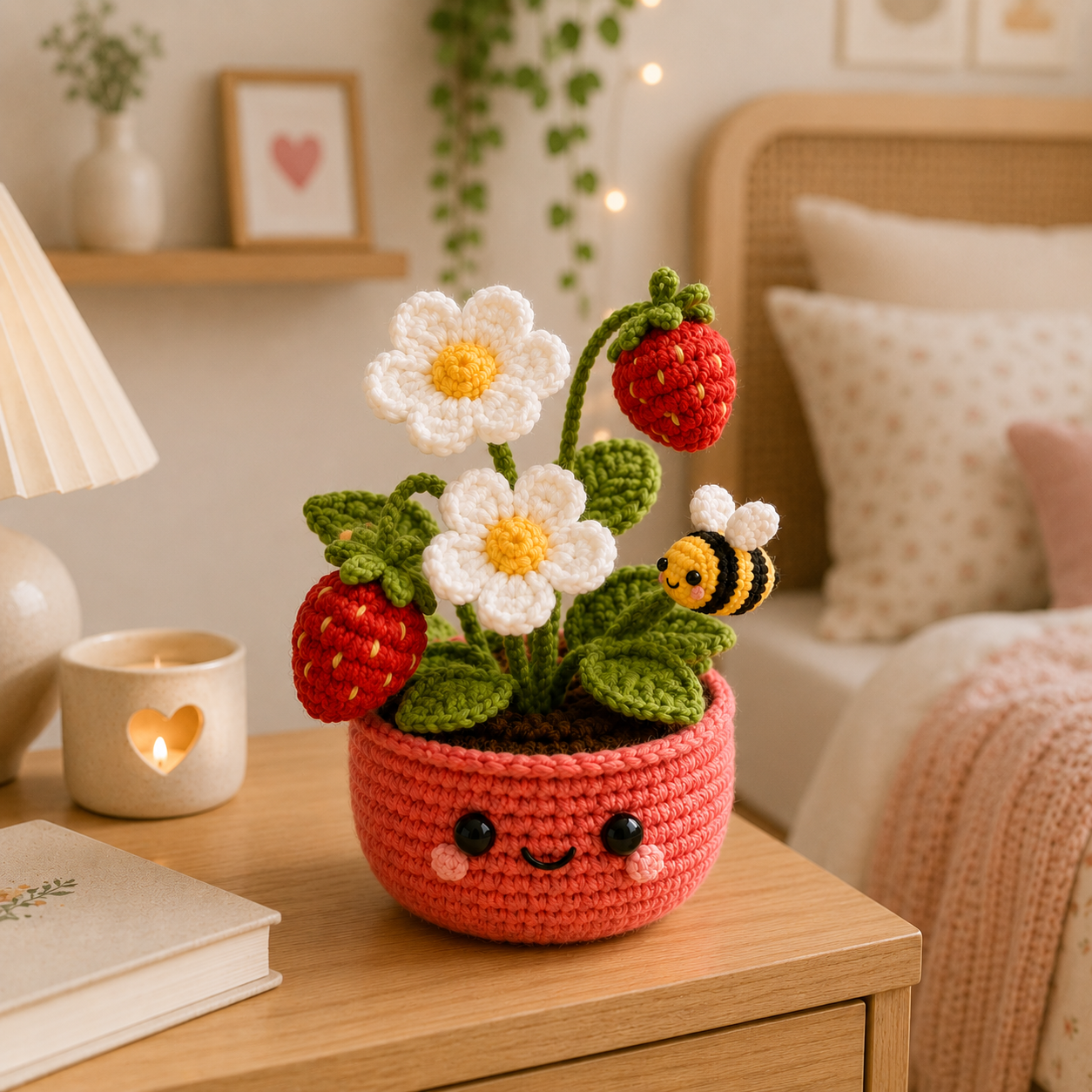 Handmade Crochet Strawberry Daisy Pot | Cute Bee Amigurumi Decor