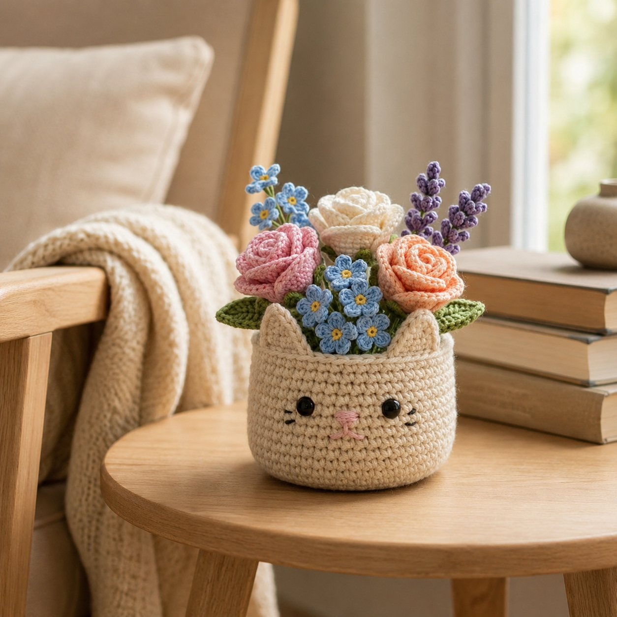 Crochet Flower Bouquet in Cat Pot – Handmade Floral Gift & Desk Decor