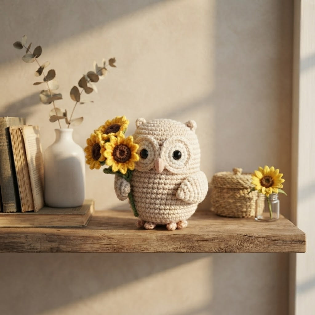 Crochet Owl with Sunflower Plush – Handmade Owl Desk Decor