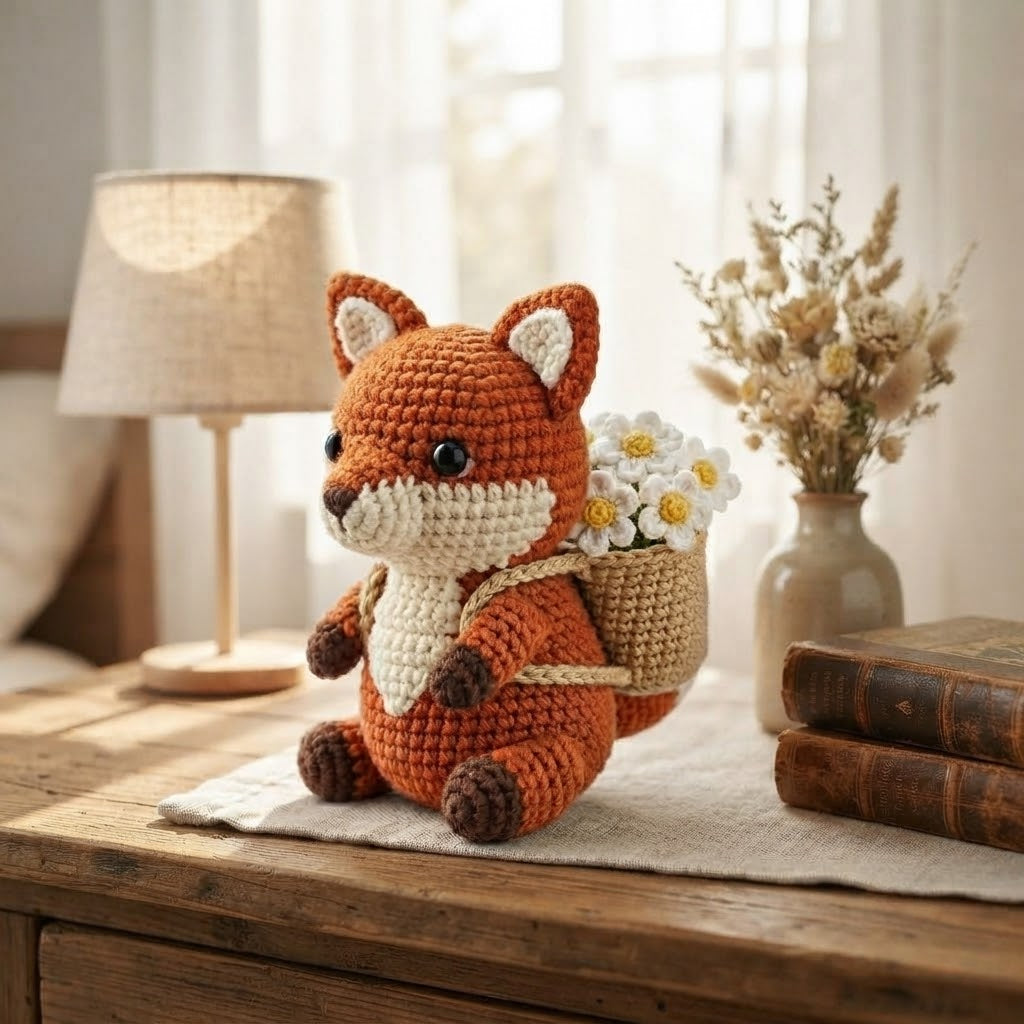 Handmade Crochet Fox with Daisy Basket – Woodland Home Decor & Gift