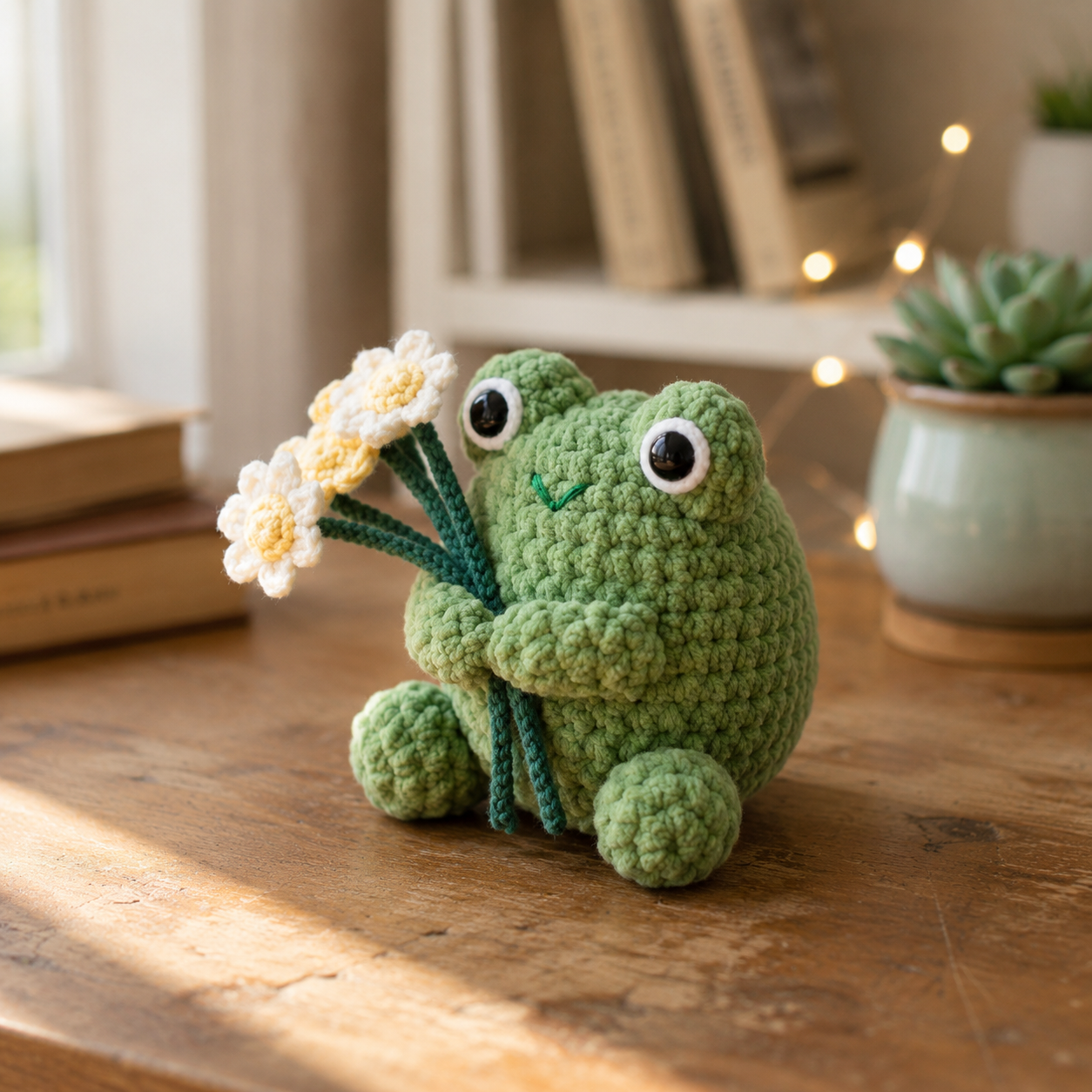 Crochet Frog with Flowers Plush – Handmade Amigurumi Decor