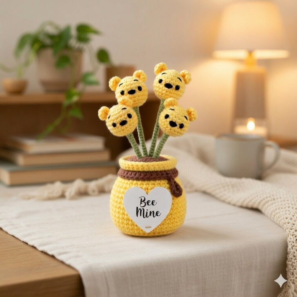 Crochet Bear Flower Pot with Honey Jar – Handmade Bee-Themed Decor