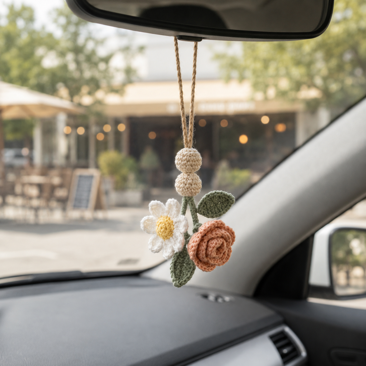 Crochet Flower Car Hanging – Handmade Car Mirror Charm