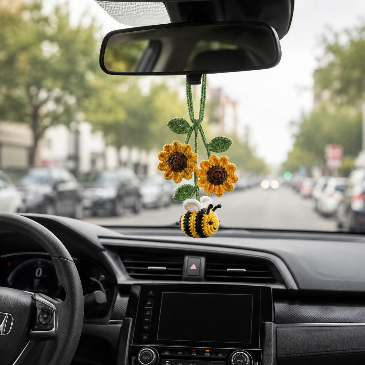 Crochet Bee Car Hanging – Handmade Car Mirror Charm