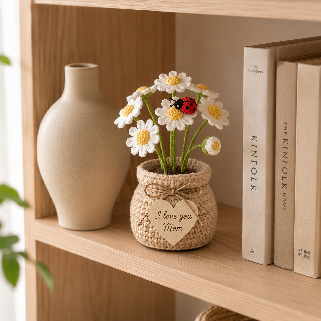 Crochet Daisy Flower Pot with Ladybird – Handmade Floral Desk Decor