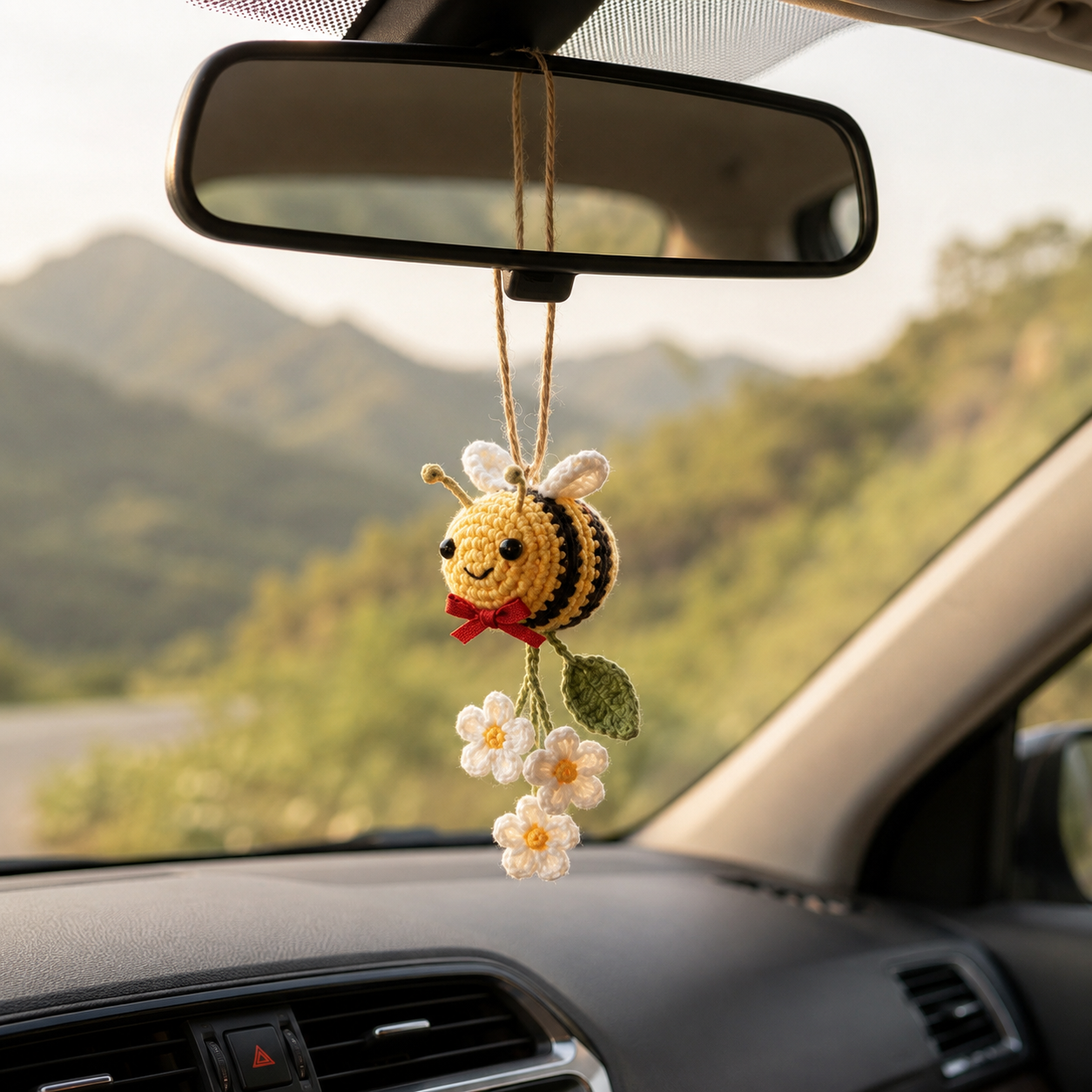 Crochet Bumble Bee Car Hanging – Handmade Bee Car Mirror Charm