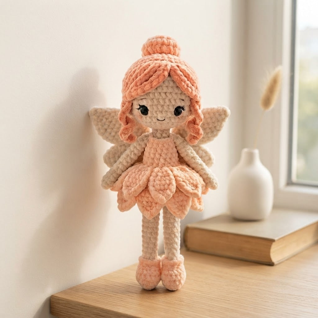 Handmade Peach Fairy Crochet Doll – Amigurumi Angel Plush, Soft Pastel Fairy Decor