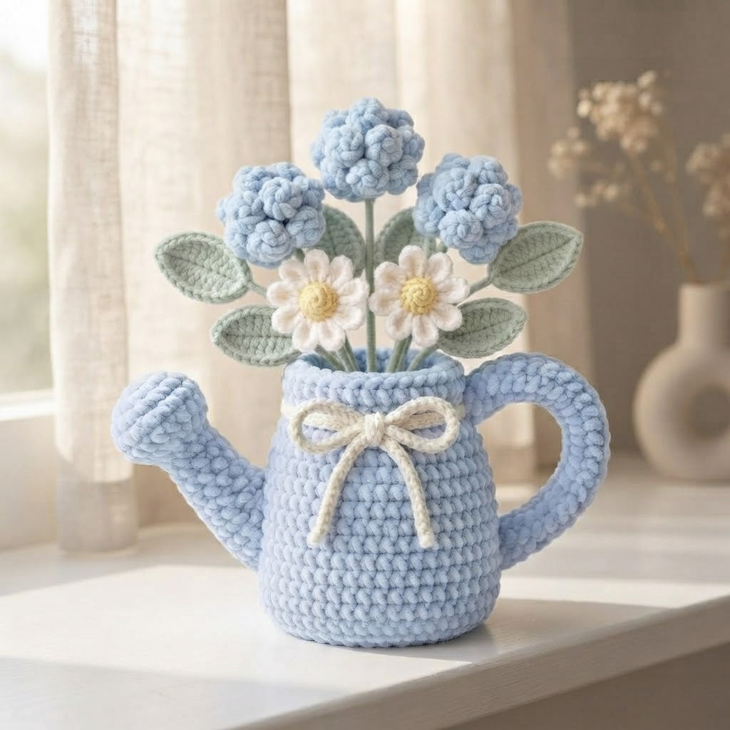 Handmade Blue Watering Can Crochet Flowers – Blue Hydrangea & Daisy Amigurumi Floral Decor