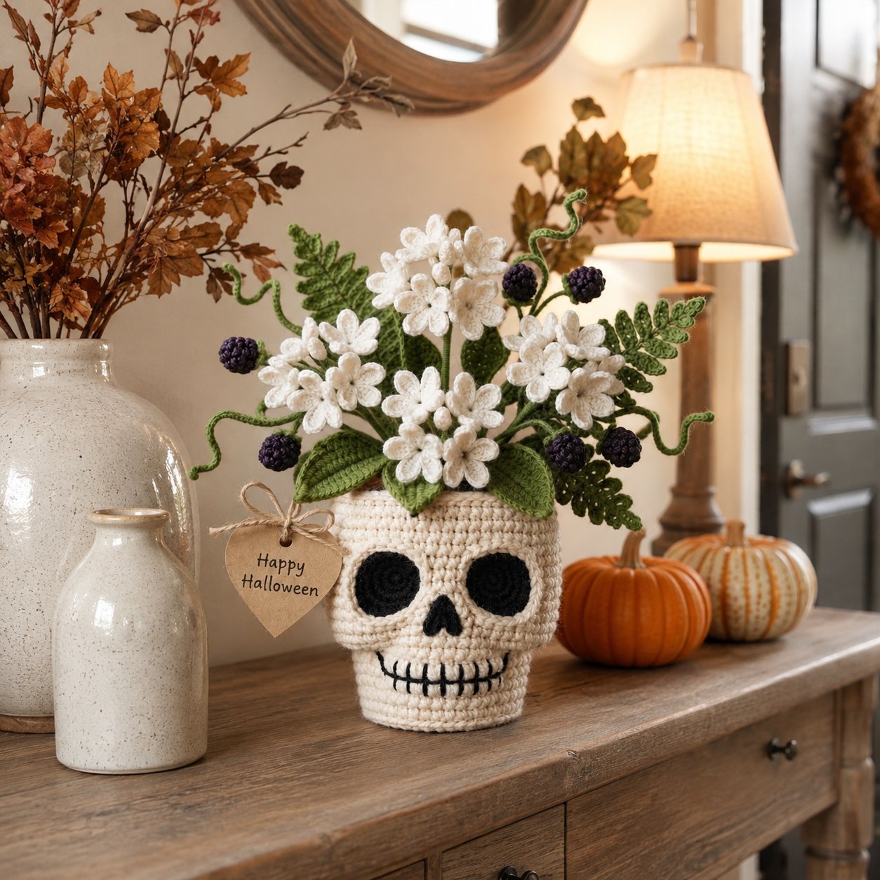 Handmade Crochet Skull Flower Pot – Halloween Crochet Decor