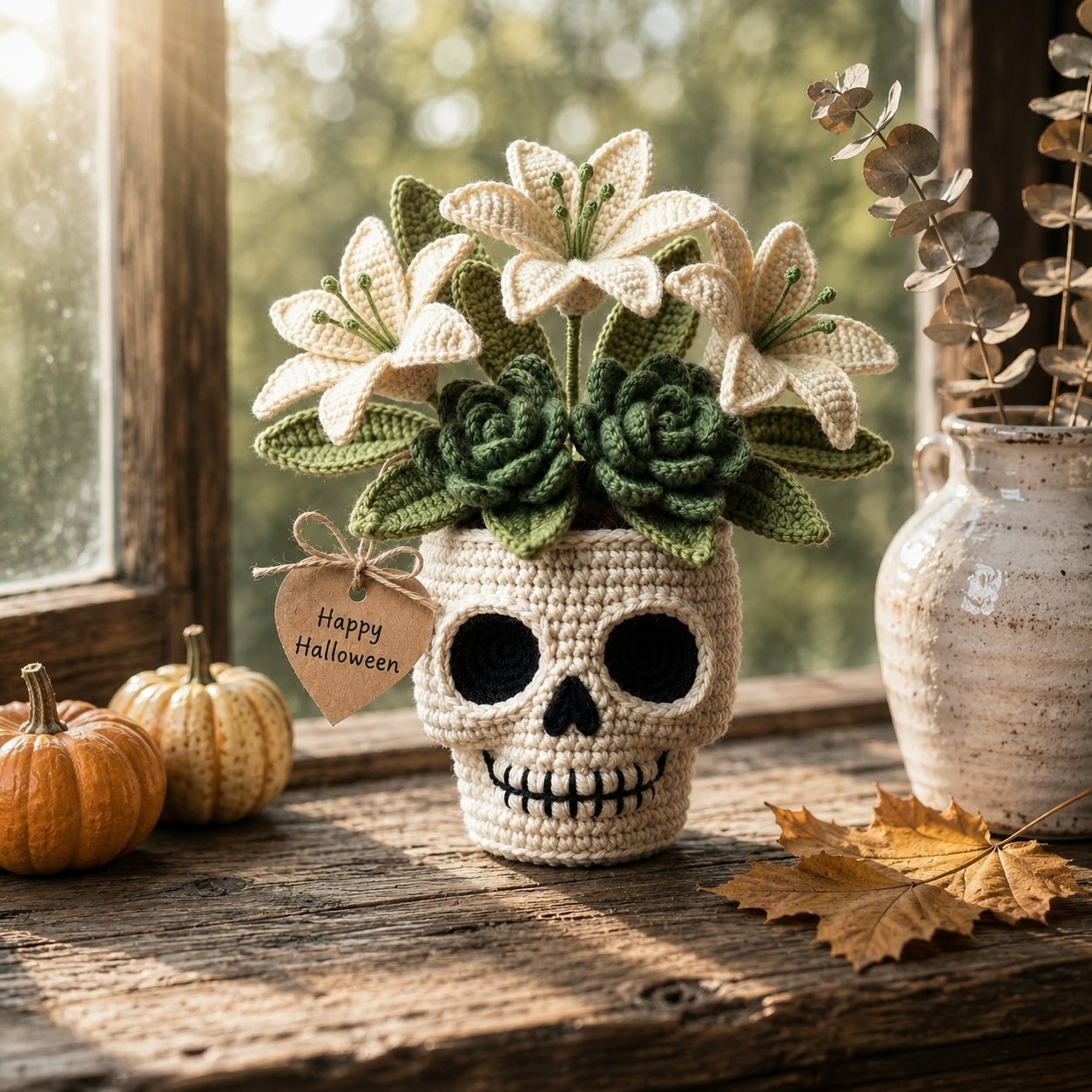Handmade Crochet Skull Lily Flower Pot – Gothic Halloween Decor & Gift