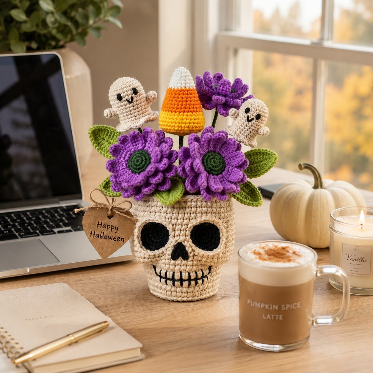 Handmade Crochet Skull Halloween Flower Pot – Ghost & Candy Corn Decor