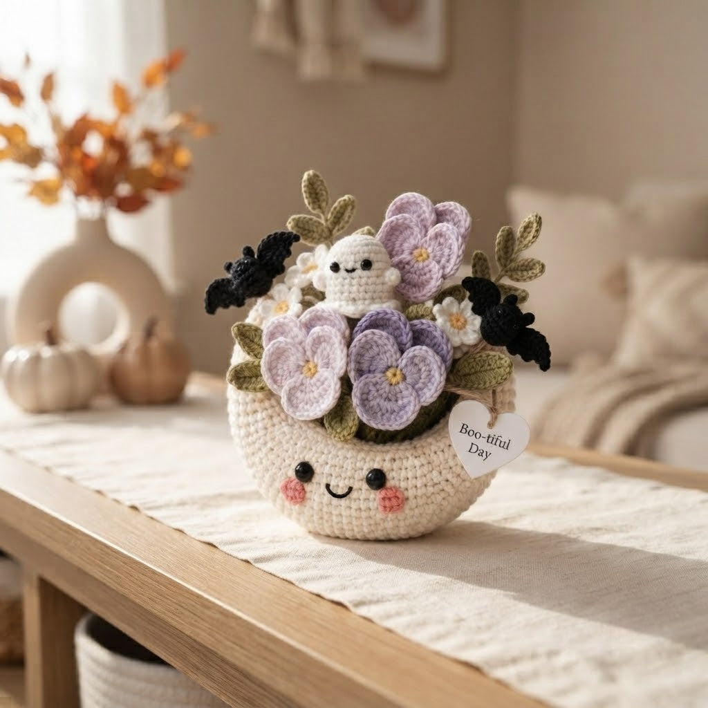 Handmade Crochet Moon Ghost Bouquet – Cute Halloween Floral Decor & Gift