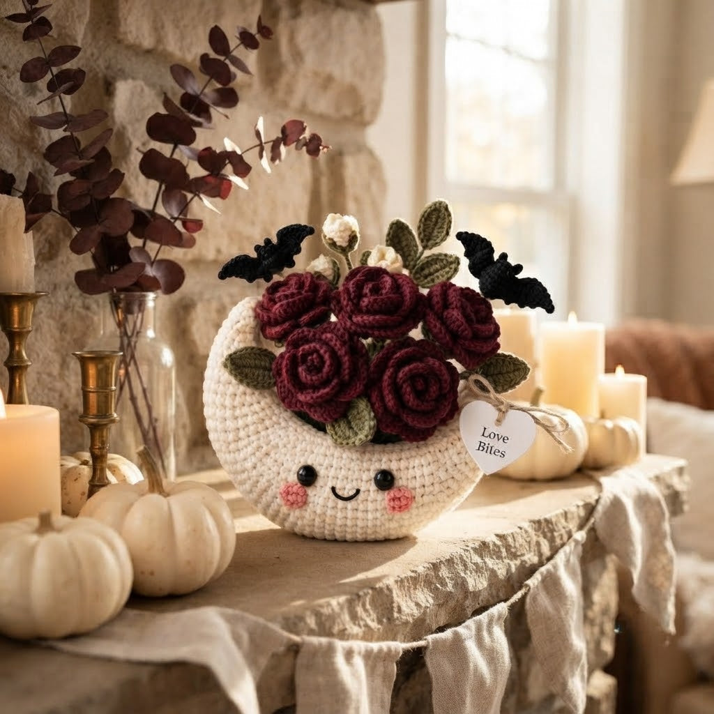 Handmade Crochet Moon Rose Bouquet – Gothic Halloween Decor & Gift