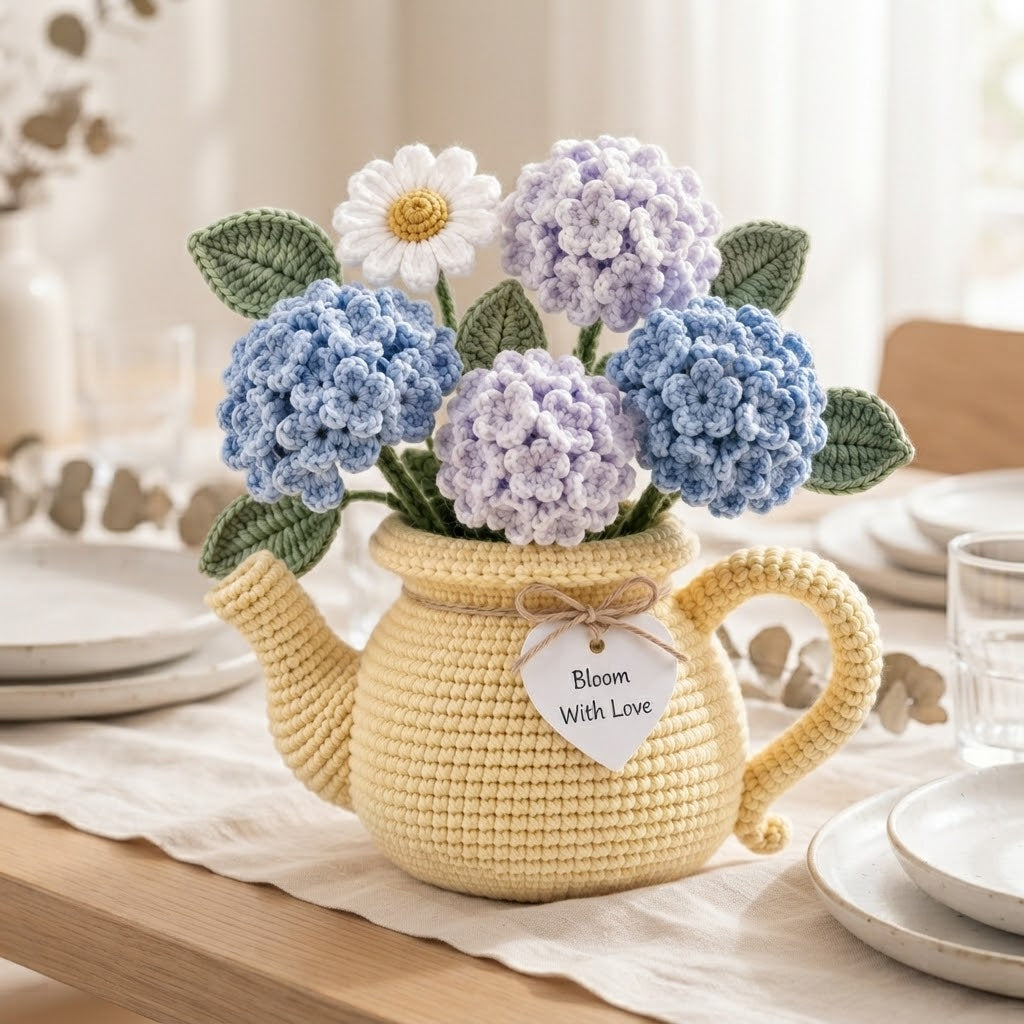 Handmade Crochet Hydrangea & Daisy Watering Can – Blue Purple Floral Arrangement Home Decor Gift