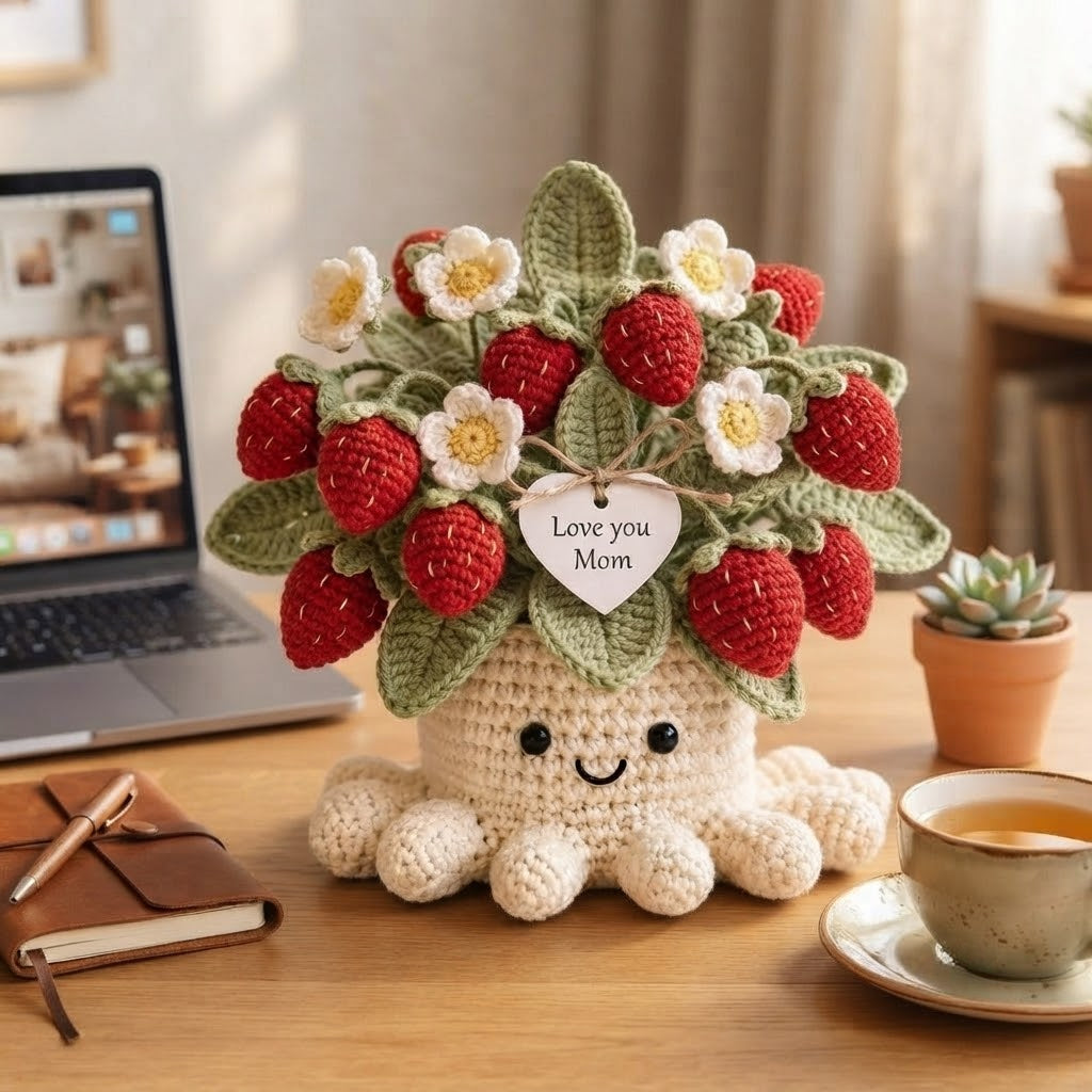 Handmade Crochet Strawberry Octopus Pot | Cute Amigurumi Plant Gift for Mom