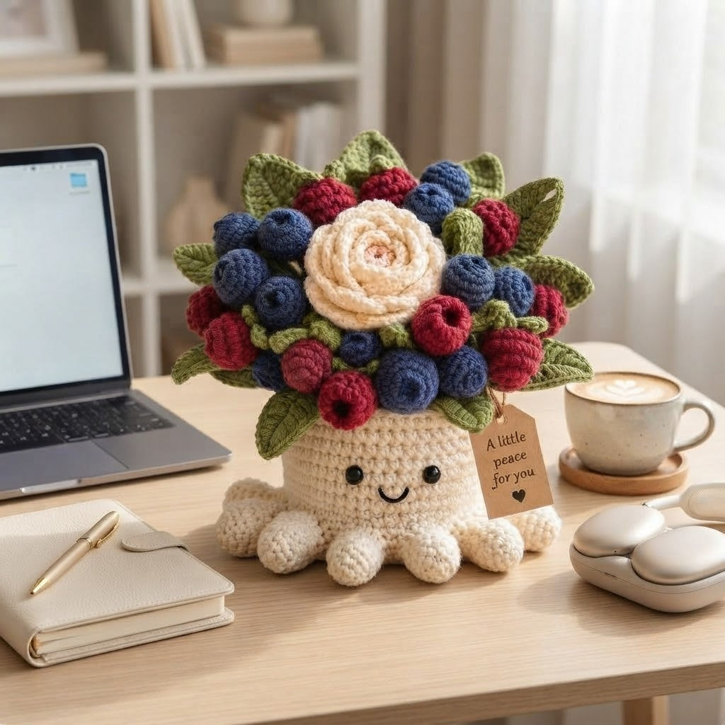 Handmade Crochet Berry Octopus Pot | Cute Amigurumi Berry and Rose Plant Gift