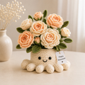 Handmade Crochet Rose Octopus Pot | Cute Amigurumi Peach Floral Plant Gift