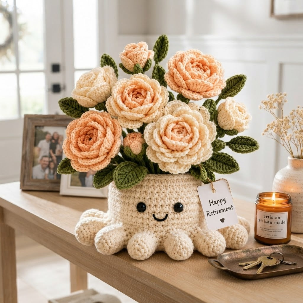 Handmade Crochet Rose Octopus Pot | Cute Amigurumi Peach Floral Plant Gift