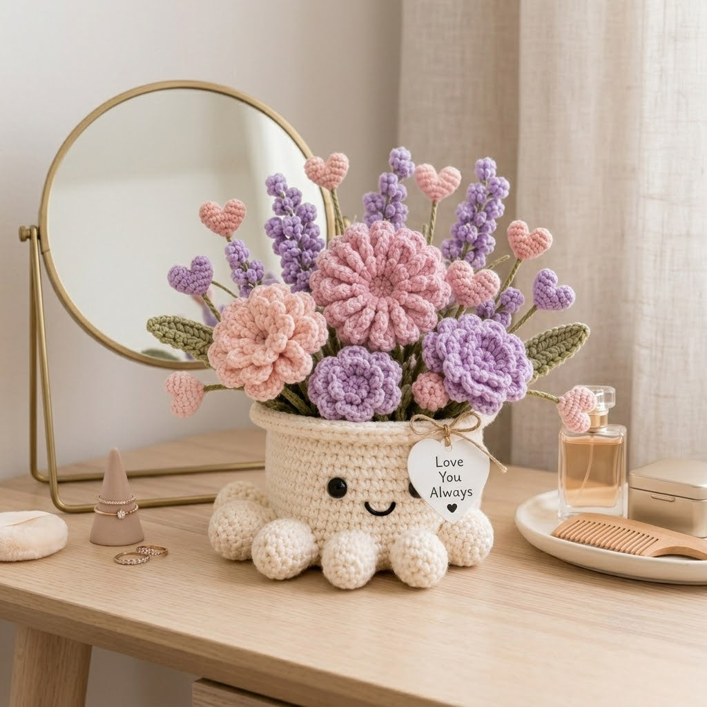Handmade Crochet Heart & Floral Octopus Pot | Cute Amigurumi Romantic Gift