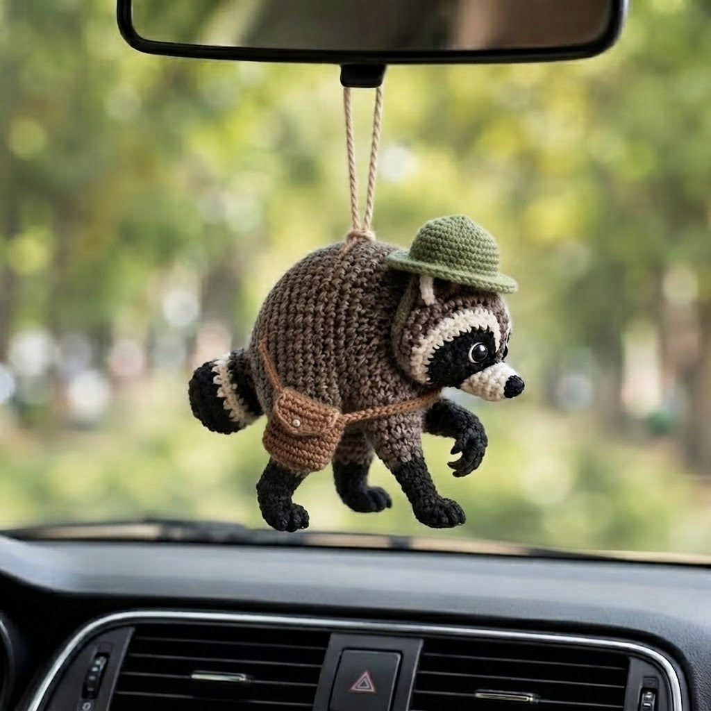 Handmade Crochet Jimothy Raccoon Car Charm – Cute Hanging Raccoon Rear View Mirror Accessory