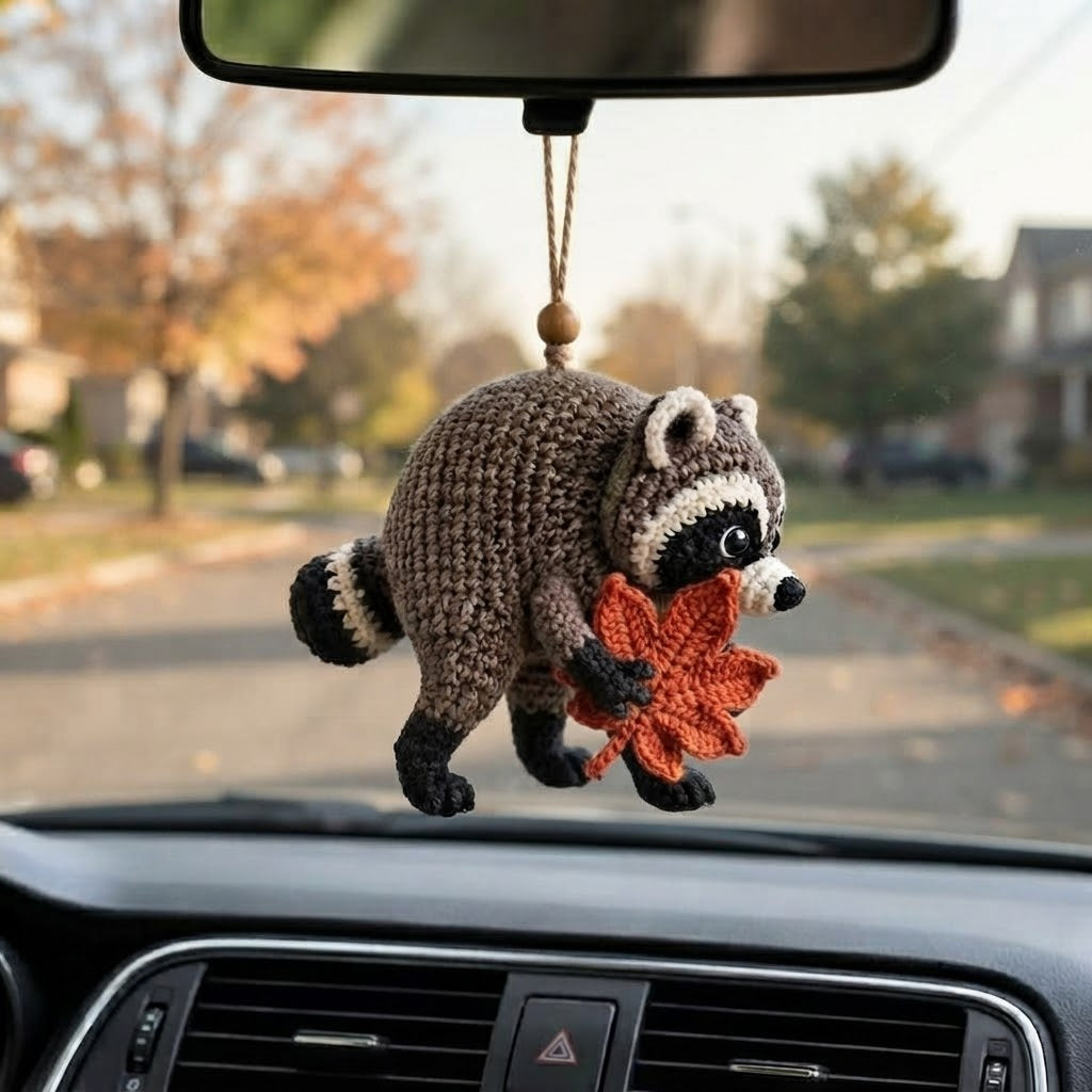 Jimothy Raccoon Crochet Car Charm – Handmade Autumn Leaf Raccoon Rear View Mirror Accessory
