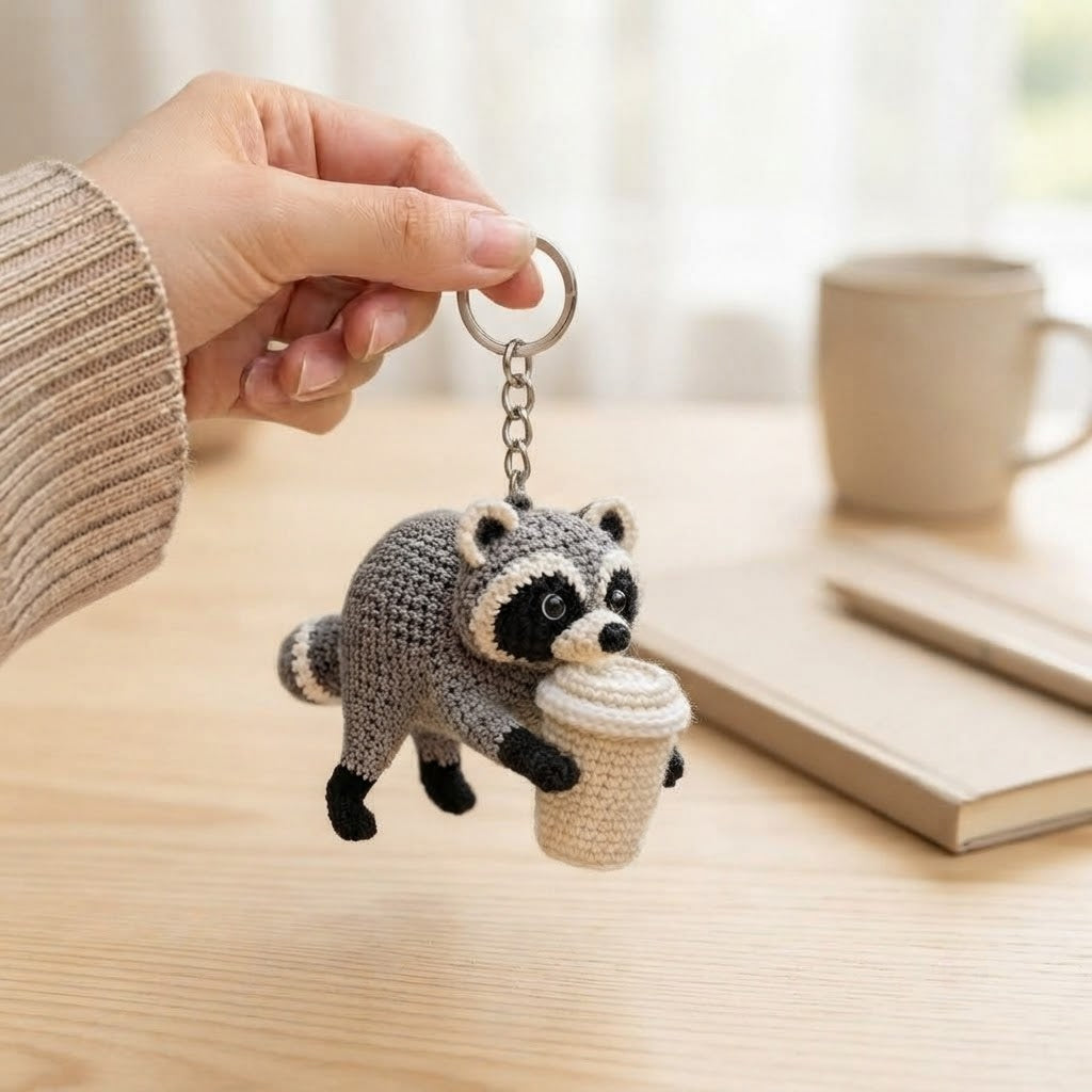 Jimothy Raccoon Crochet Keychain – Handmade Coffee Raccoon Bag Charm & Key Ring