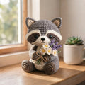 Handmade Crochet Raccoon Stuffed Animal – Sitting Floral Raccoon Plush Desk Decor