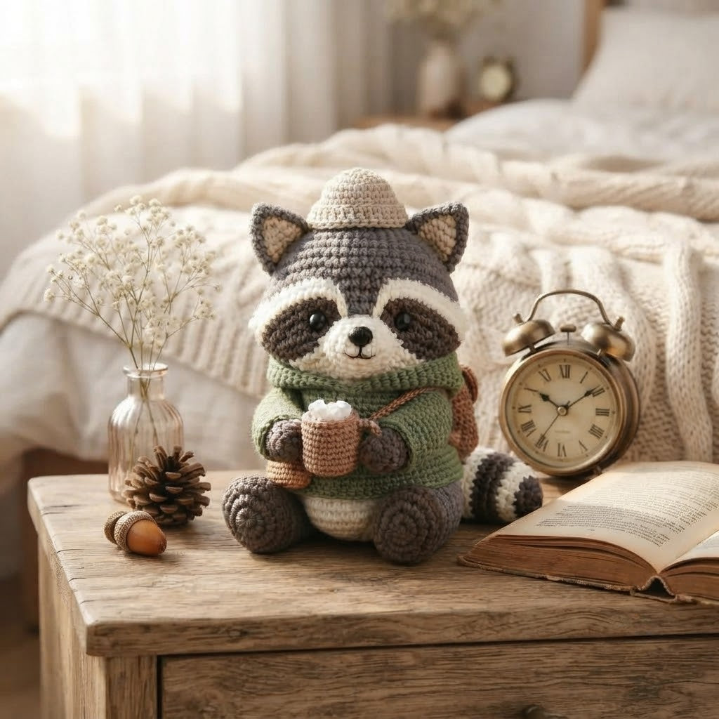 Handmade Crochet Cozy Raccoon Stuffed Animal – Sitting Winter Raccoon Plush Decor
