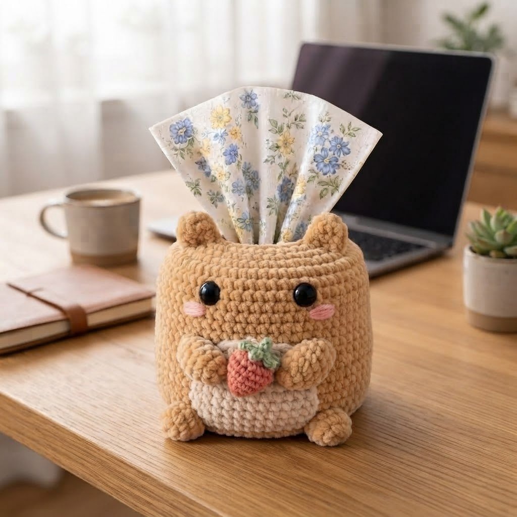 Handmade Crochet Hamster Tissue Box Cover Holding Strawberry