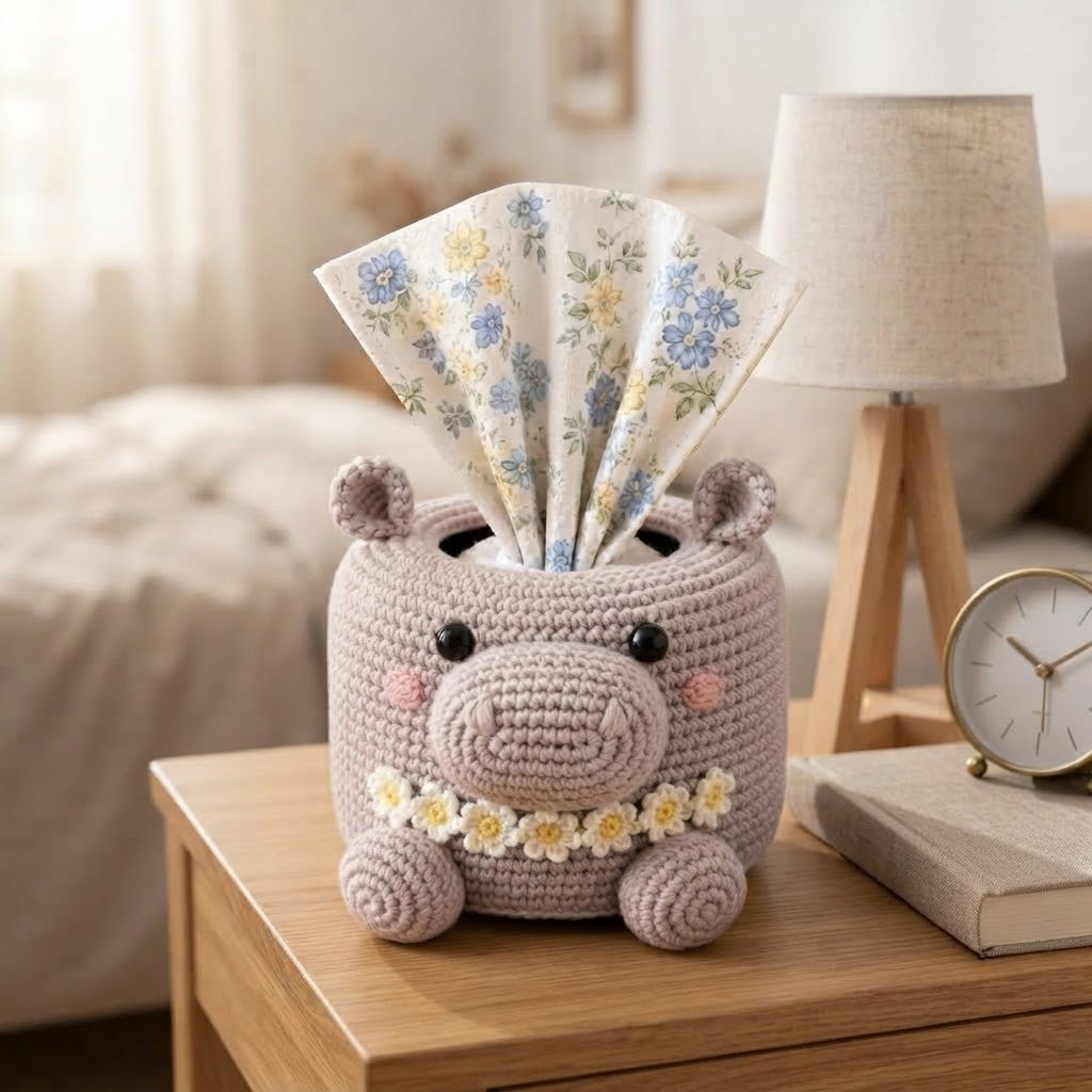 Handmade Crochet Hippo Tissue Box Cover with Daisy Garland