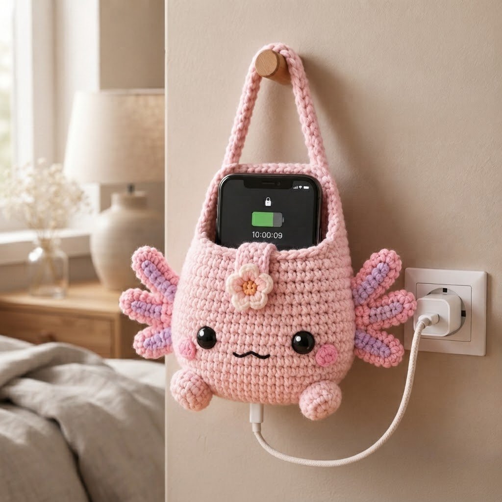 Handmade Crochet Pink Axolotl Hanging Phone Holder