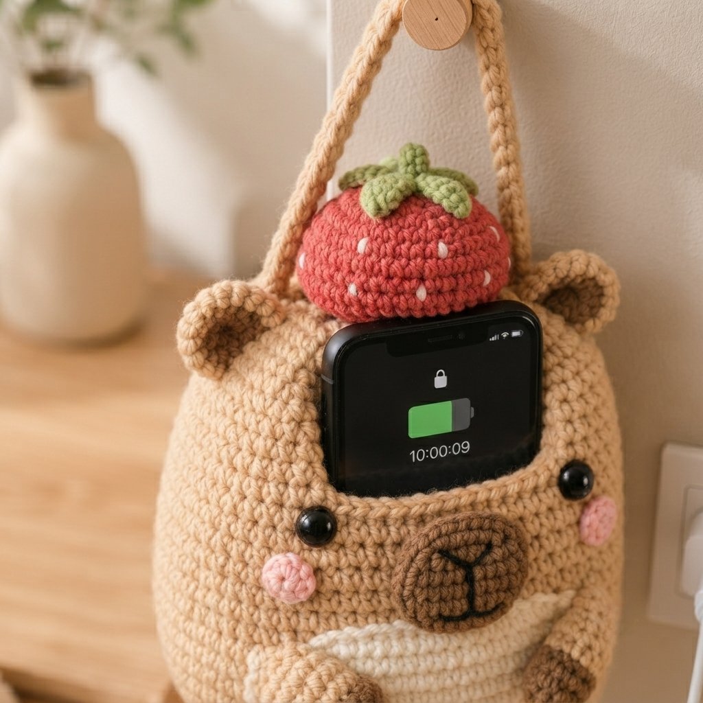 Handmade Crochet Capybara Hanging Phone Holder with Strawberry Hat