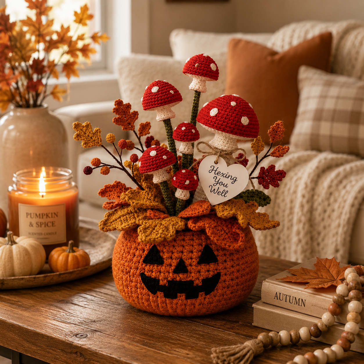 Handmade Crochet Pumpkin and Mushroom Autumn Decor Pot