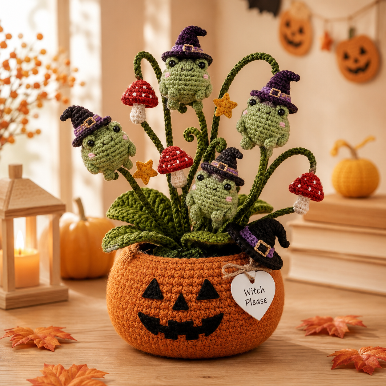 Handmade Crochet Witch Frogs in Pumpkin Halloween Decor Pot