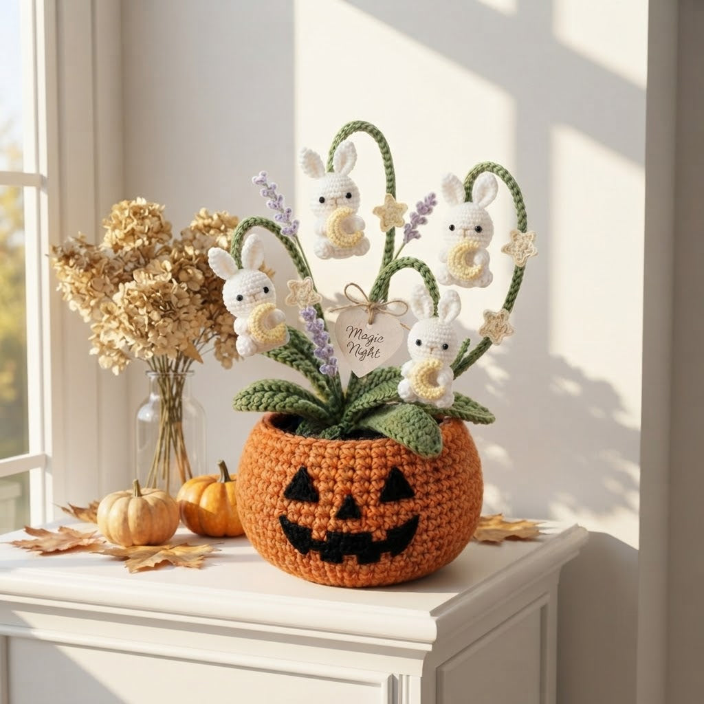 Handmade Crochet Moon Bunnies in Pumpkin Autumn Decor Pot