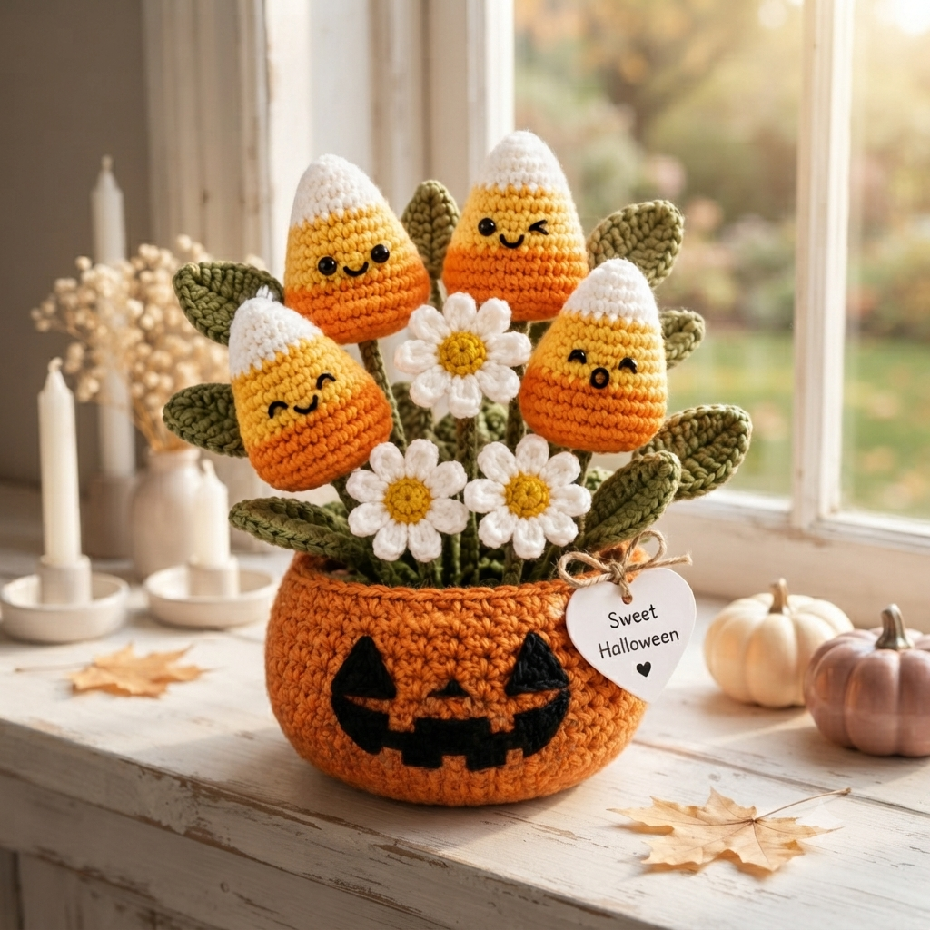 Handmade Crochet Candy Corn in Pumpkin Halloween Decor Pot